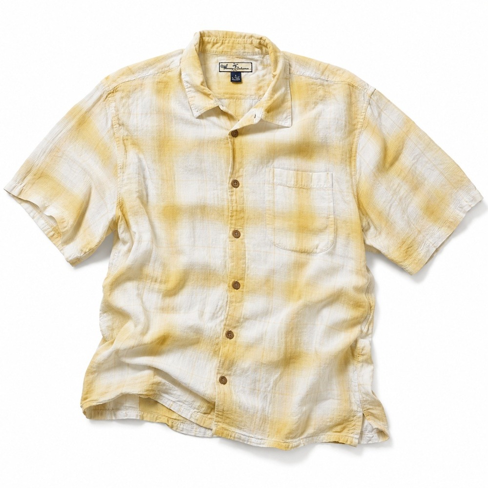 Tommy Bahama Plaid Button Up Shirt Mens XXL Yellow Linen Tencel Short Sleeve